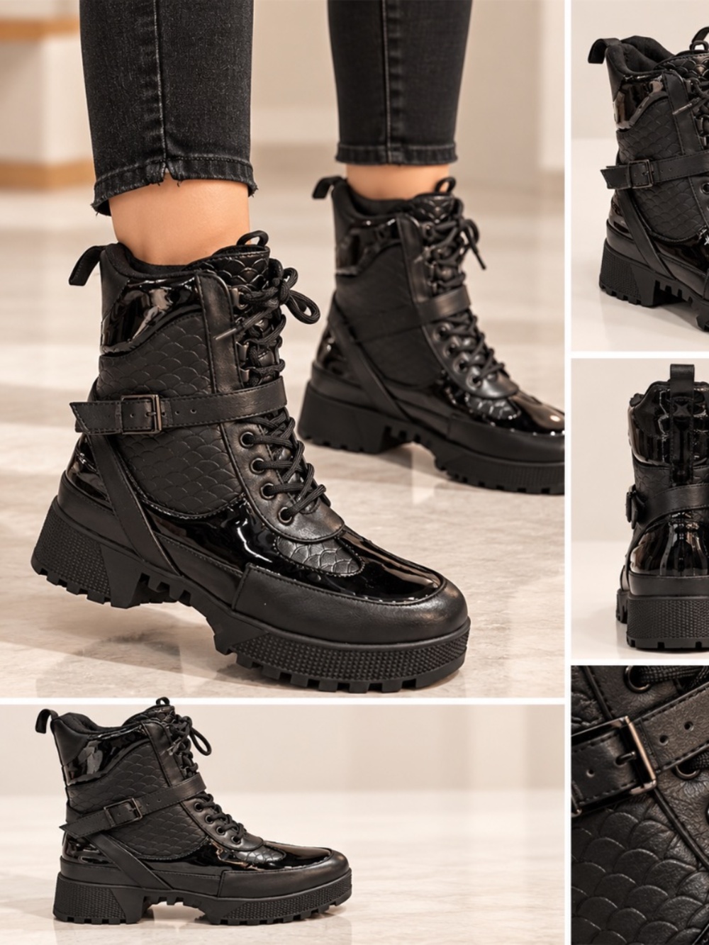 Black Platform Combat Boots Lace Up Buckle Chunky Lug Sole Size 7